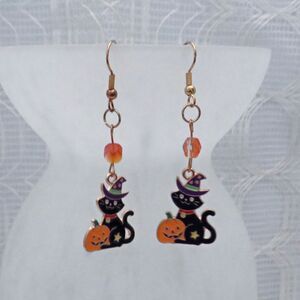 Handmade Black Cat and Pumpkin Dangle Earrings, Boho Halloween Drop Earrings